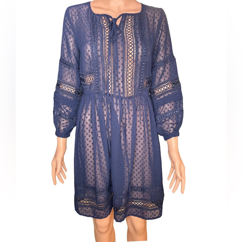 Stellah Deep Blue Long Sleeve Swiss Dot and Lace Dress XS